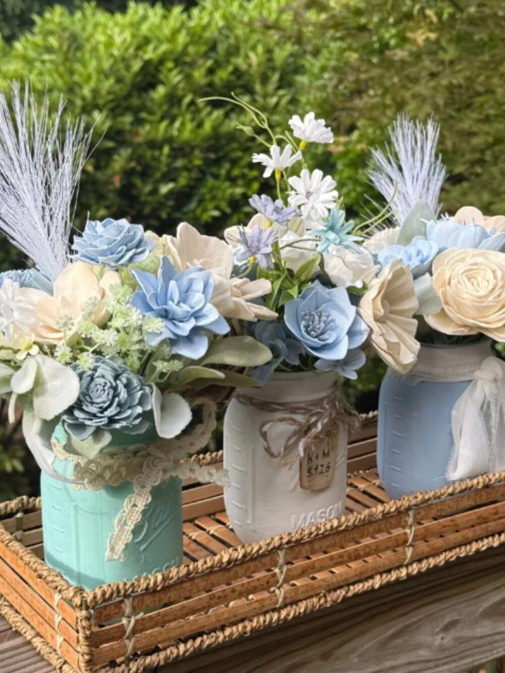 Sola Wood Dusty Blue Wedding Floral Table Centerpieces Set of 3 Mason Jar Decor